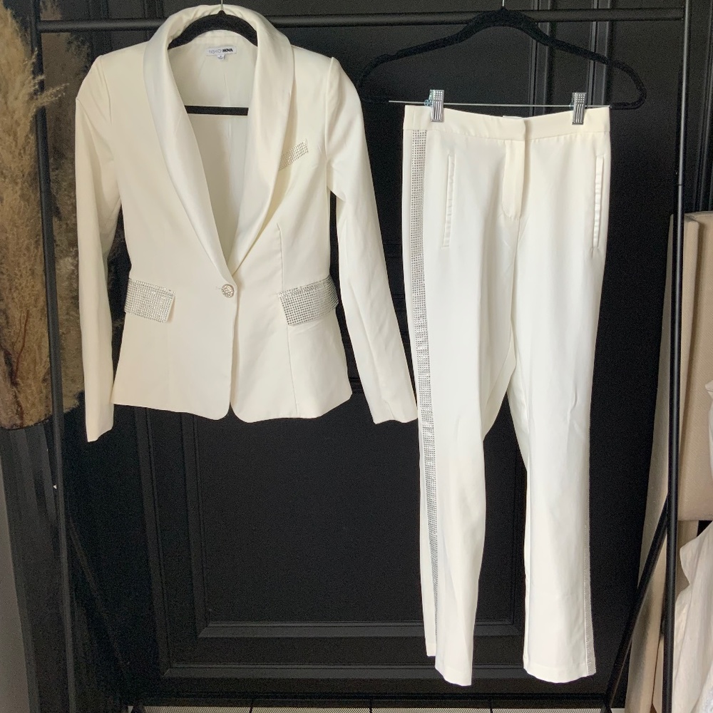 White Rhinestone Pants Suit